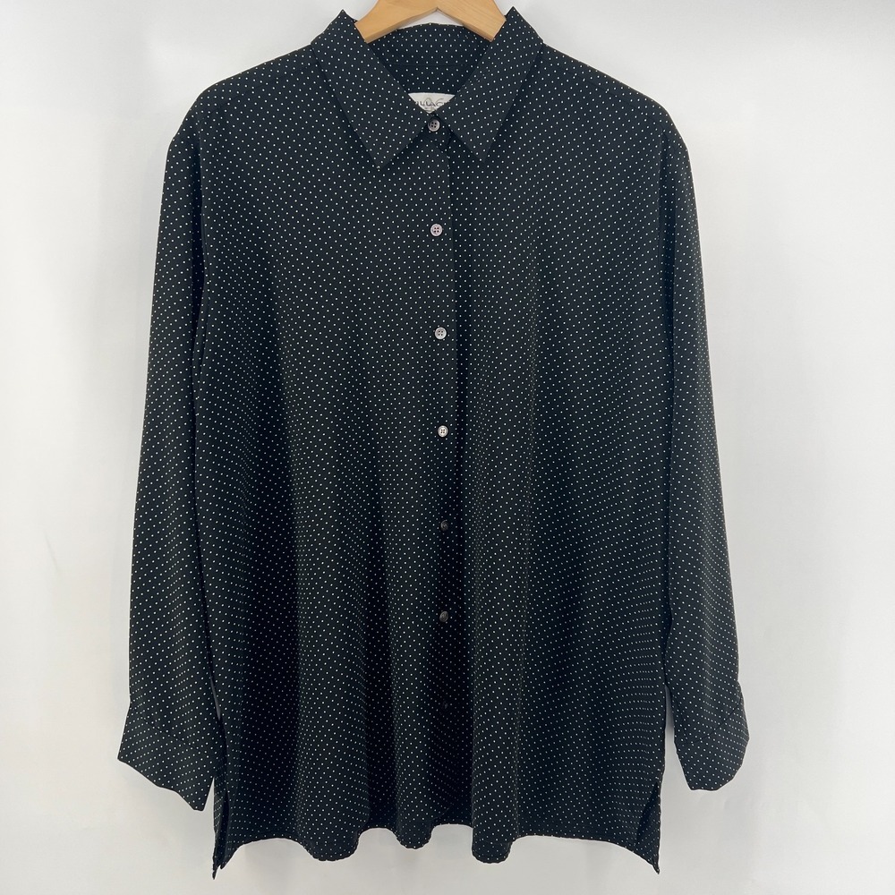 Vtg Liz Claiborne Blouse Plus Size 3X Black White Micro Polka Dot Button Preppy